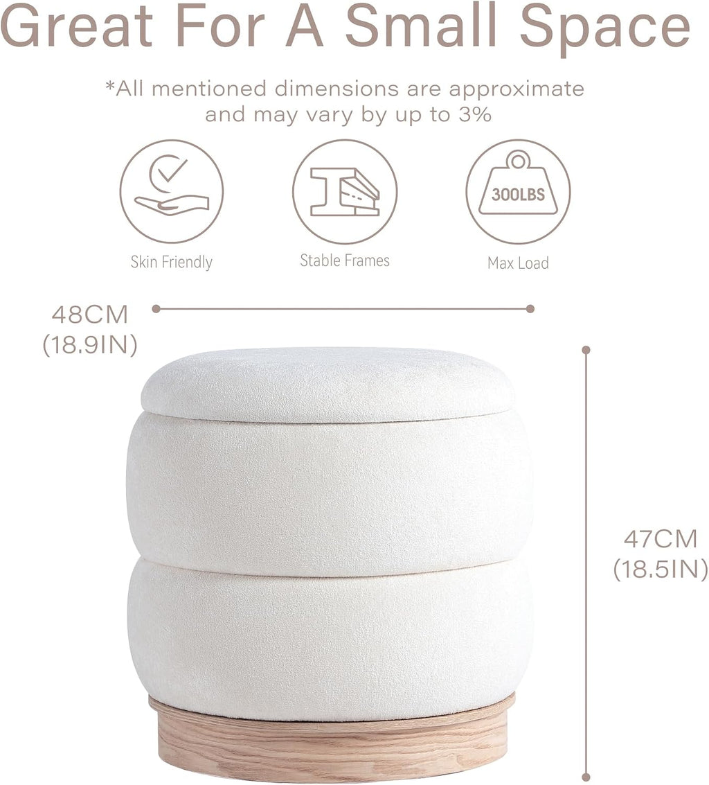 Get Set Style Round Ottoman with Wooden Base, Storage Vanity Stool for Makeup, Upholstered Footrest Stool Ottoman Foot Stool for Living Room, Bedroom