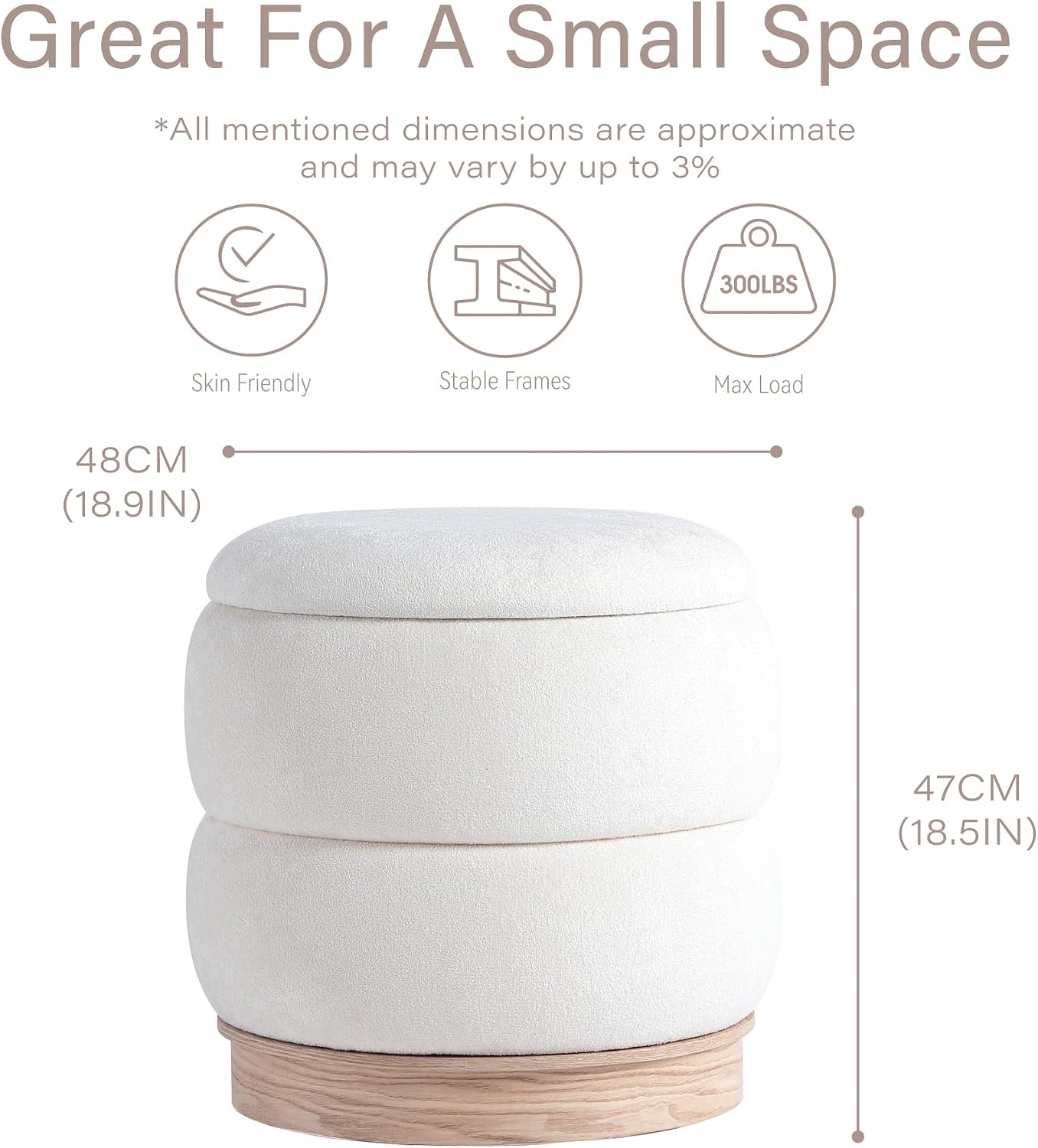 Get Set Style Round Ottoman with Wooden Base, Storage Vanity Stool for Makeup, Upholstered Footrest Stool Ottoman Foot Stool for Living Room, Bedroom