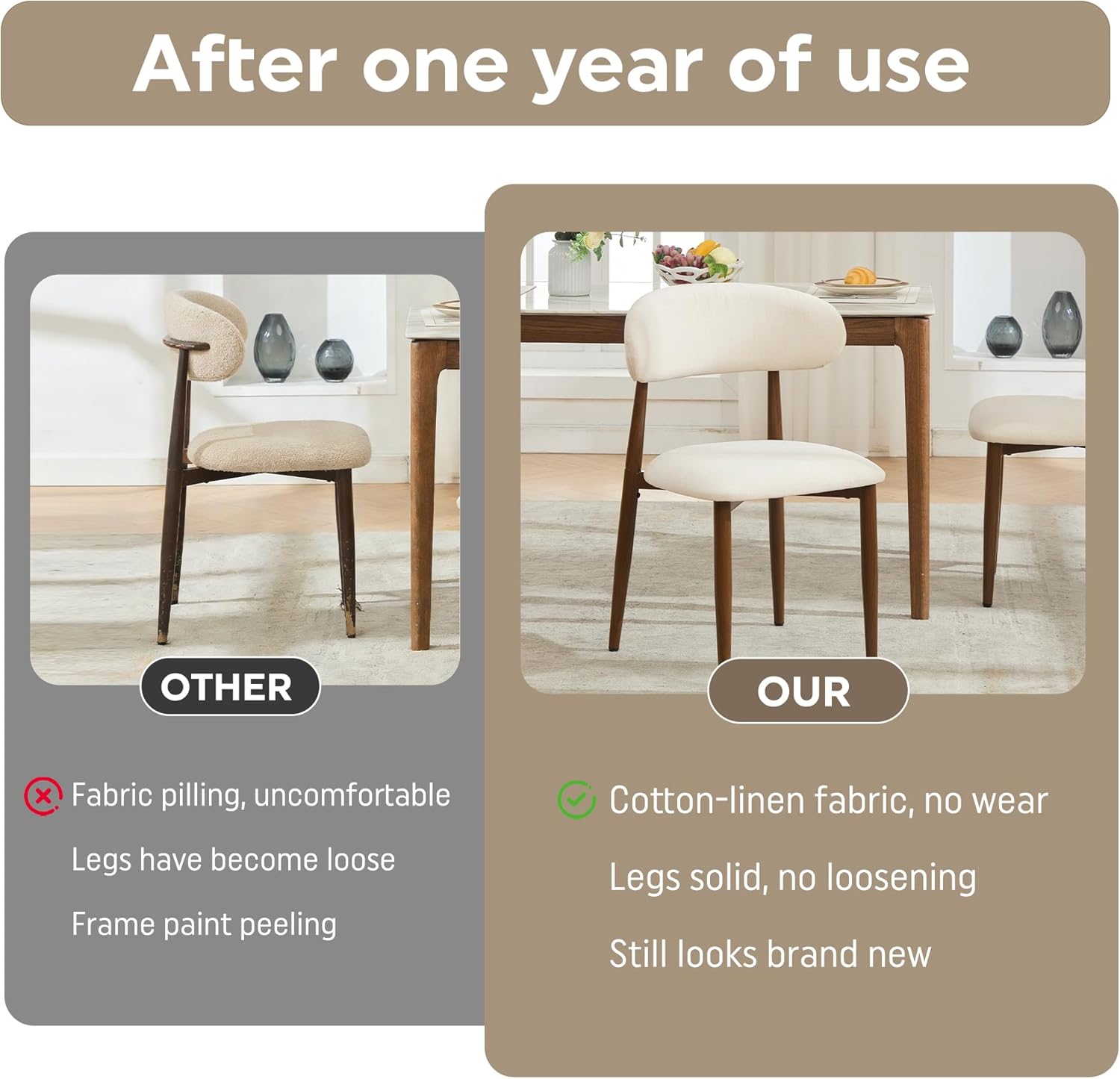 47" Round Dining Table Set for 4-6, Farmhouse Kitchen Table & 4 Beige Upholstered Fabric Chairs with MDF Tabletop and Base, Space-Saving Round Dinner Table Set for Small Apartments, Walnut