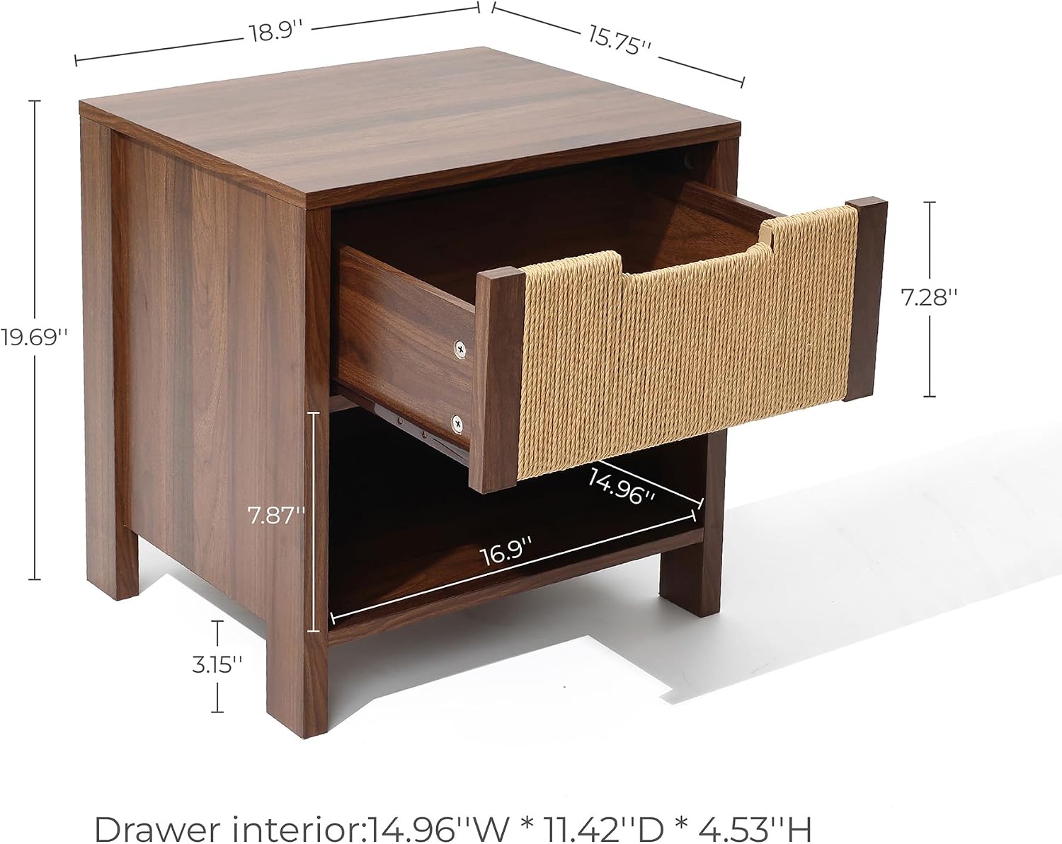 LuxenHome Nightstand with Drawer Storage, 19" Wood End Tables with Rope Front, Boho Bedside Table for Bedroom Living Room Small Sofa Couch Table for Small Space Home Office