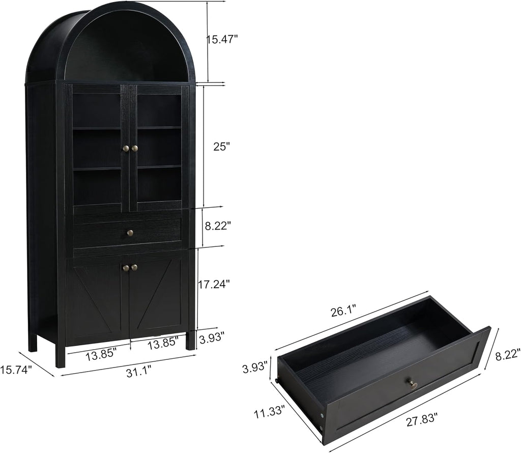 71" Tall Arched Pantry Cabinet, Kitchen Storage Pantry Cabinet, Farmhouse Wood Arched Bookshelf with Drawers and Adjustable Shelves for Living Room, Kitchen, Dining Room (Black)