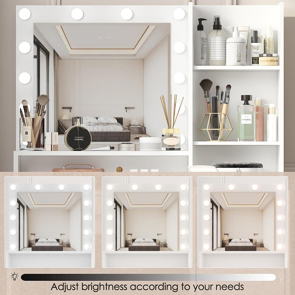 Vanity Desk with Mirror & Light, Three Level Storage Dresser & Large Drawer, 3 Lighting Modes Adjustable Brightness, Bedroom Dressing Table (White)
