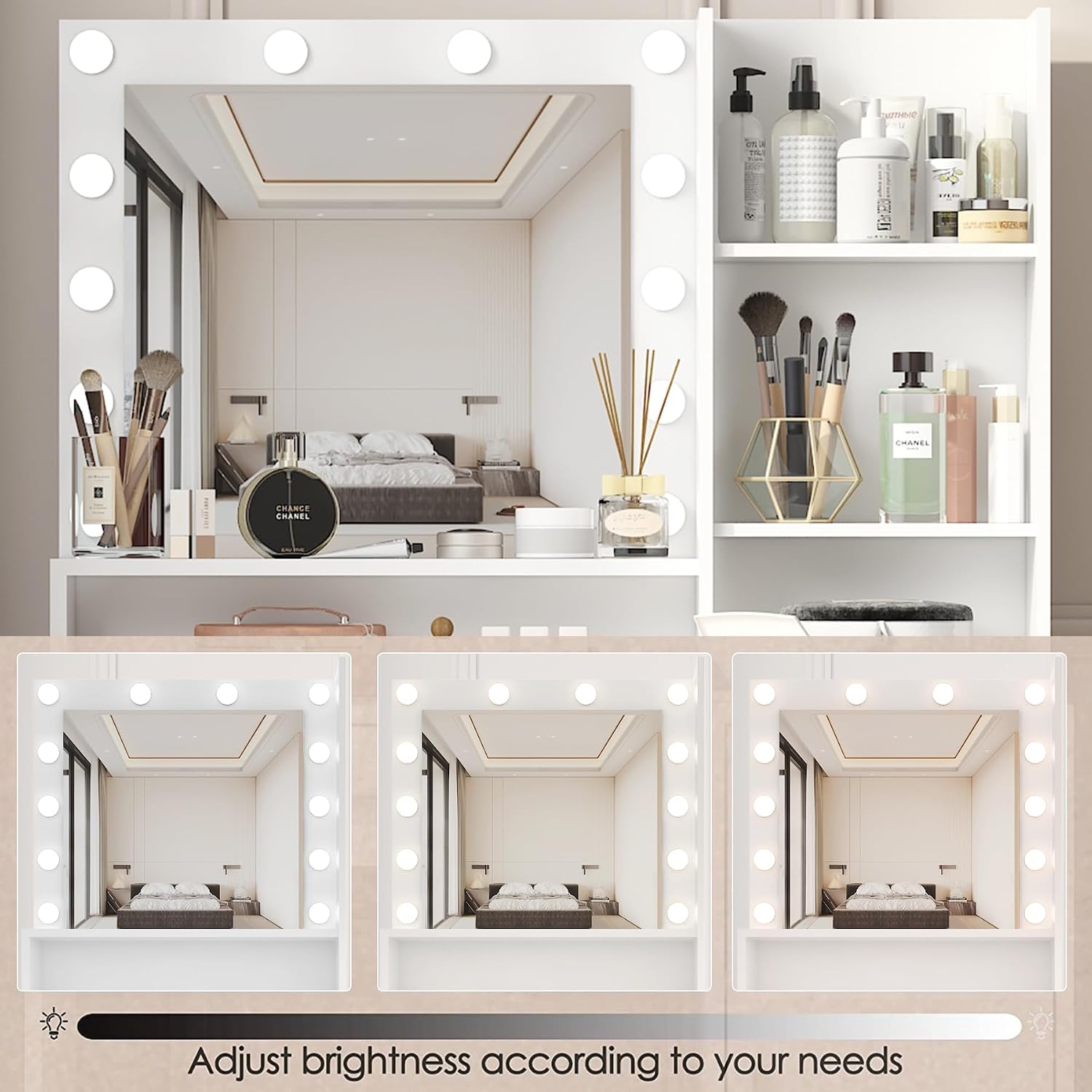Vanity Desk with Mirror & Light, Three Level Storage Dresser & Large Drawer, 3 Lighting Modes Adjustable Brightness, Bedroom Dressing Table (White)