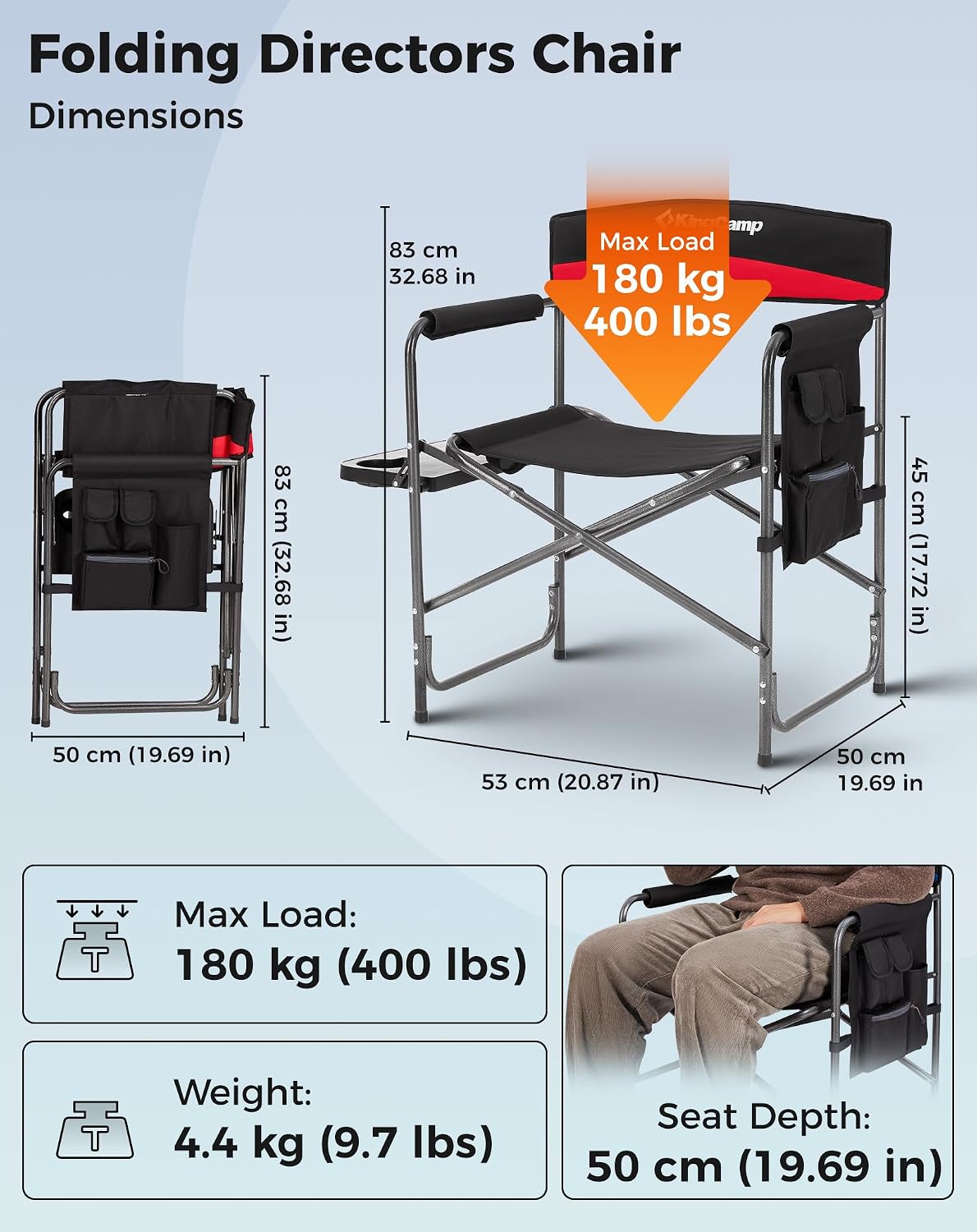 KingCamp Director Chair – Heavy Duty 400lb Capacity Camping Chair with Side Table Storage Pocket, Foldable for Big & Tall Adults, Padded Seat & Armrests, for Tailgating Sports Backyard Fishing, Red
