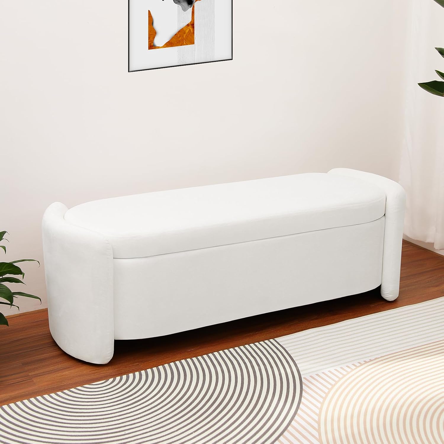 Oval White Velvet Storage Ottoman Bench, 48.8" | Velvet Upholstered Ottoman Bench with Storage, Safety Hinge, Foot Rest for Living Room, Bedroom, Small Apartment