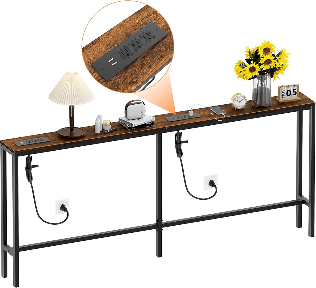 Bathola 71'' Behind Couch Table with 2 Outlets, Sofa Tables Narrow Long | 5.9" Wide Console Table Behind Couch with 6 AC & 4 USB, Wood Couch Table Behind Sofa for Living Room, Bedroom, Hallway, Brown