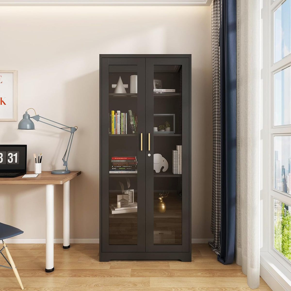 Glass Display Cabinet, 71" Tall Metal Curio Cabinet with Glass Doors, Black Display Case, Storage Cabinets with 4 Adjustable Shelves, Locking Storage Cases for Hallway, Kitchen, Living Room