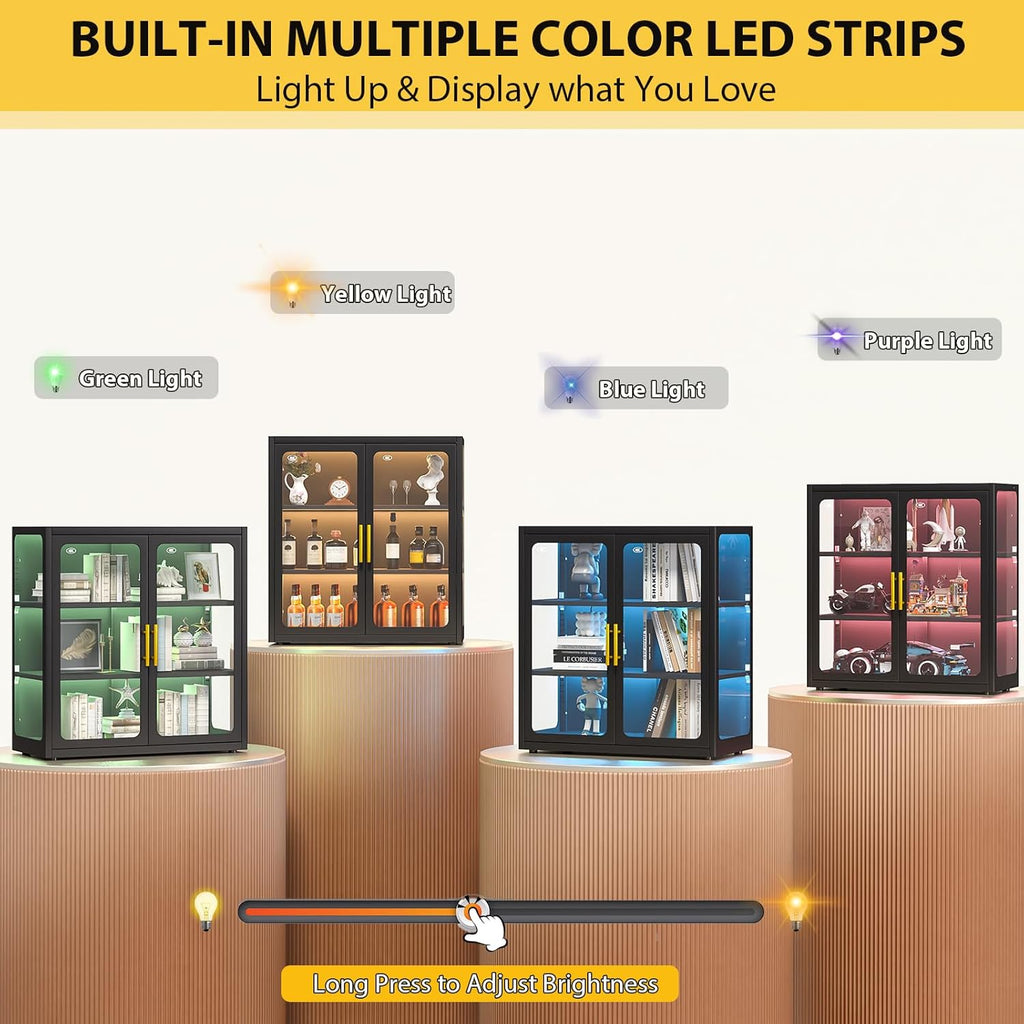 Display Cabinet with Glass Doors and Adjustable Shelves,34" Tall Bookcase with LED Lights,3-Tier Curio Cabinet for Collectibles,Glass Display Case for Living Room,Black