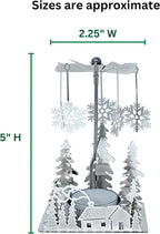 Winter Cabin Holiday Silver Candle Spinners Set of 2 – Silver Plated Laser Cut Christmas Cabin Scene Tea Light Candle Holders with Snowflake Charms – 5" Holiday Tabletop Décor