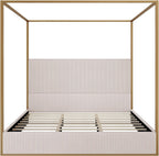 Modern Luxury 4-Poster Canopy Platform Bed King Size with Velvet Upholstered Tall Headboard, Metal Canopied Design Platform Bed Frame with Strong Slats Support (Beige+Gold-King)