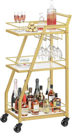 YATINEY Bar Cart, 3-Tier Home Bar Serving Cart with Wheels, Drink Cart with Glass Holder, Beverage Cart, Rolling Kitchen Cart, for Home, Living Room, Transparent and Gold BC03GD