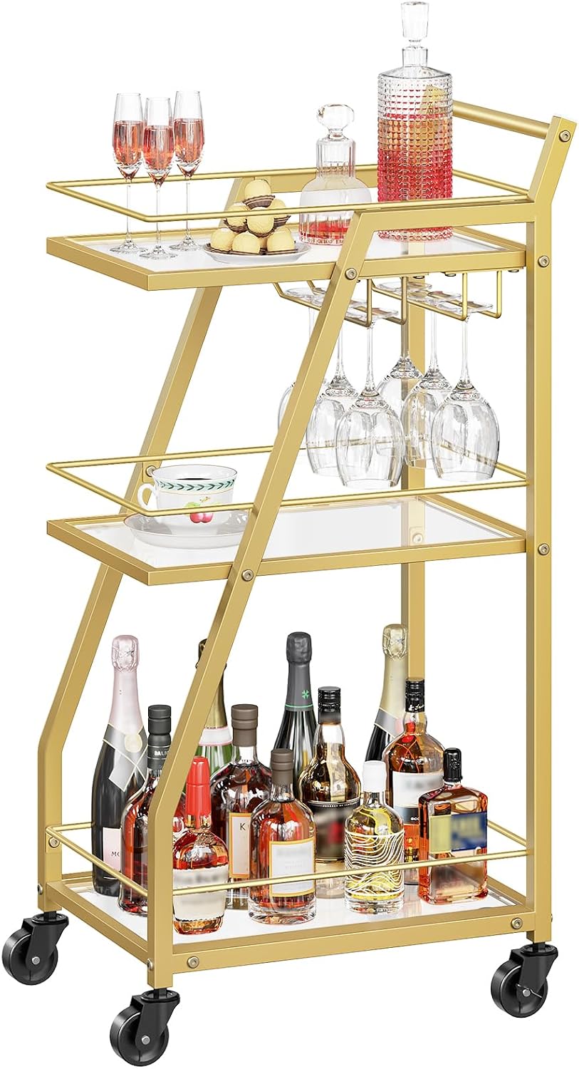 YATINEY Bar Cart, 3-Tier Home Bar Serving Cart with Wheels, Drink Cart with Glass Holder, Beverage Cart, Rolling Kitchen Cart, for Home, Living Room, Transparent and Gold BC03GD