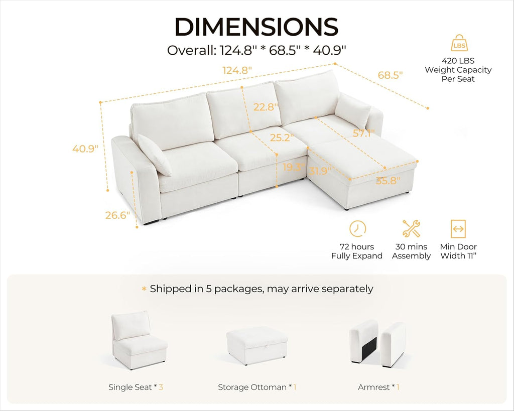 124.8'' Oversized Modular Sofa Comfy Cloud Couch with Storage Wide L-Shaped Sectional Sofa Set with Chaise for Living Room, Covers Washable, 4-Seater with Ottoman, Chenille, White