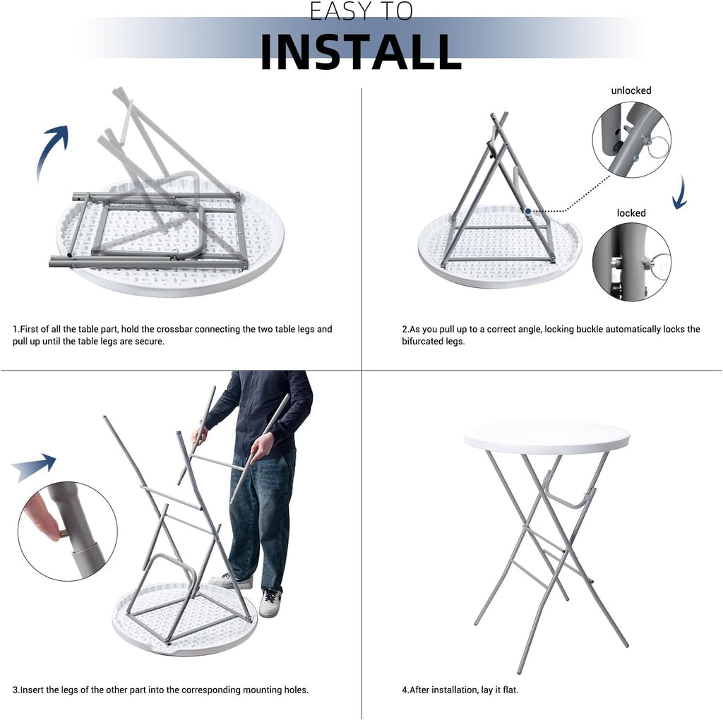 Byliable 32in Cocktail Folding Table, Round High Top Bar Table, White | Portable Foldable Design with Removable Legs, Two Folding Methods, HDPE Tabletop, Indoor Outdoor for Parties, Patio, Events