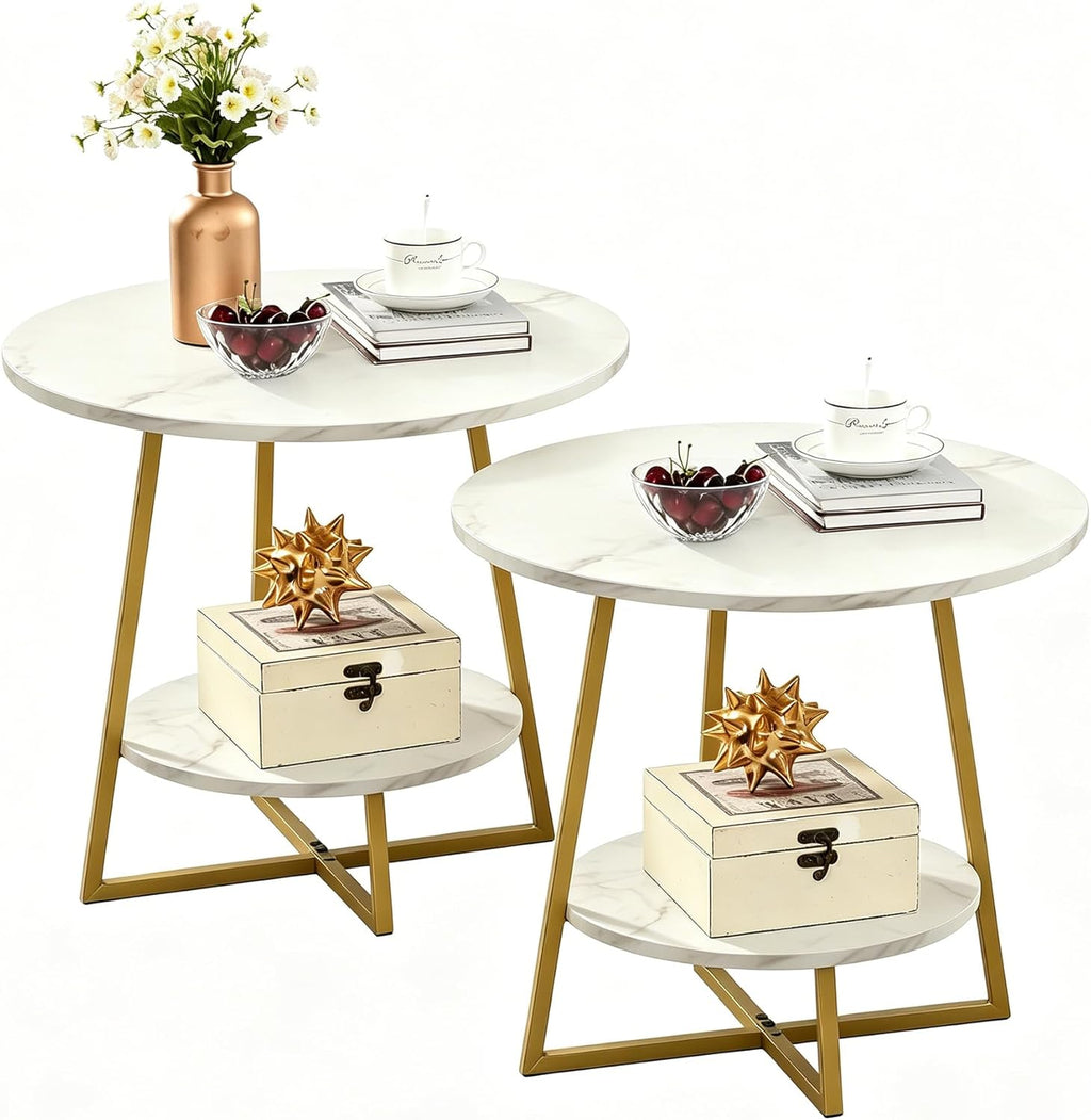 D&H FURNIMMT 20" Living Room Side Table Set of 2 for Small Spaces, 2 Tier Wood Top Round End Tables with Storage Shelf, Accent Sofa Table for Bedroom, Office, Sunroom, Balcony, White Faux Marble/Gold