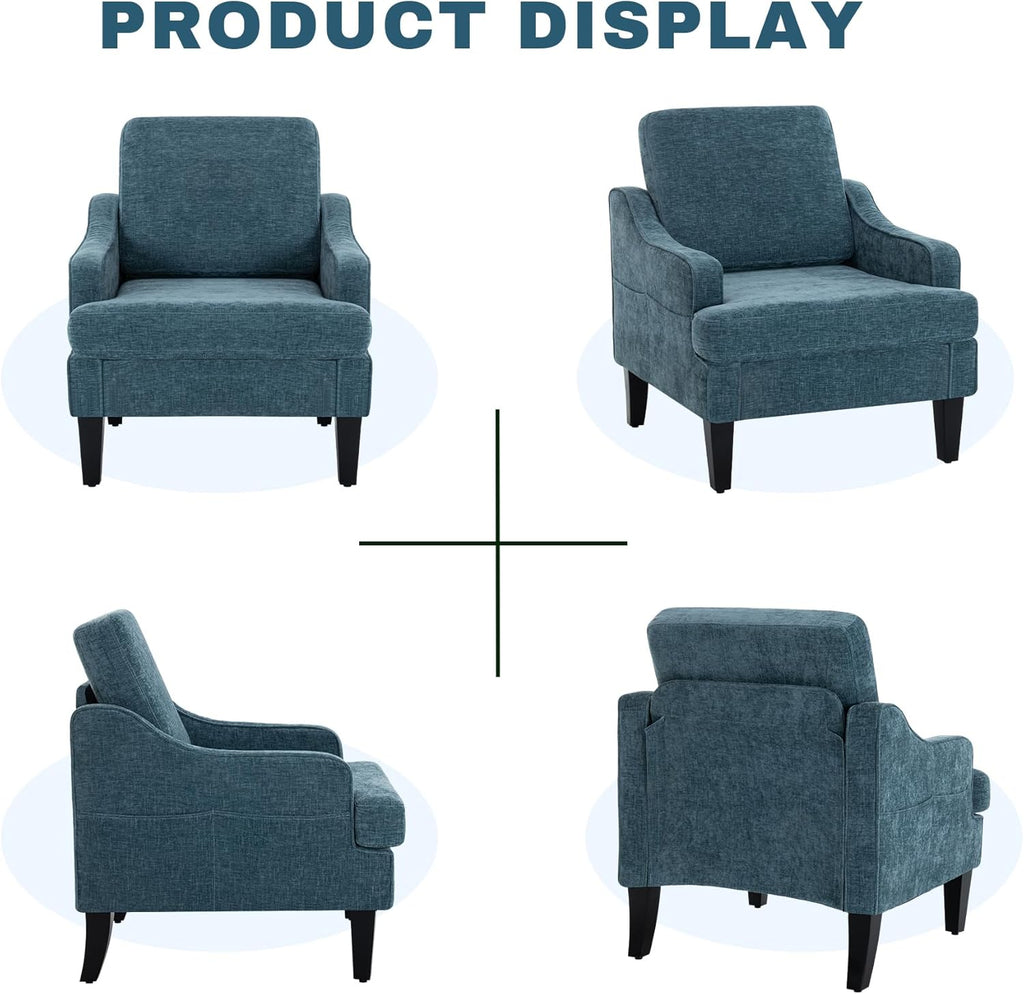 Accent Chair for Living Room,Mid-Century Arm Chair Fabric Living Room Chairs,Upholstered Reading Chair for Bedroom,Single Sofa Chair with Wood Legs for Apartment (1, Chenille Blue)