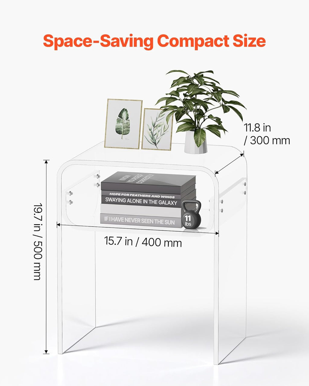 VEVOR Acrylic Side Table, 2-Tier Clear End Table with Storage Shelf, Modern Transparent Bedside Nightstand Lucite Desk for Bedroom, Living Room, Home Decor, 11.8" D x 15.7" W x 19.7" H