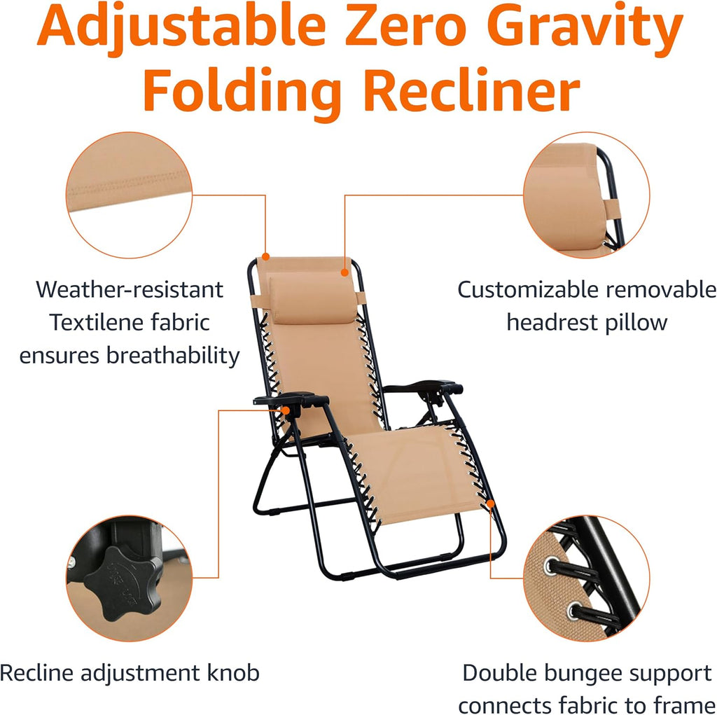 Amazon Basics Zero Gravity Lounge Chair with Pillow, Foldable Outdoor Reclining Chair for Patio and Beach, Weather-Resistant Textilene, 300 lb Capacity, 26", Beige