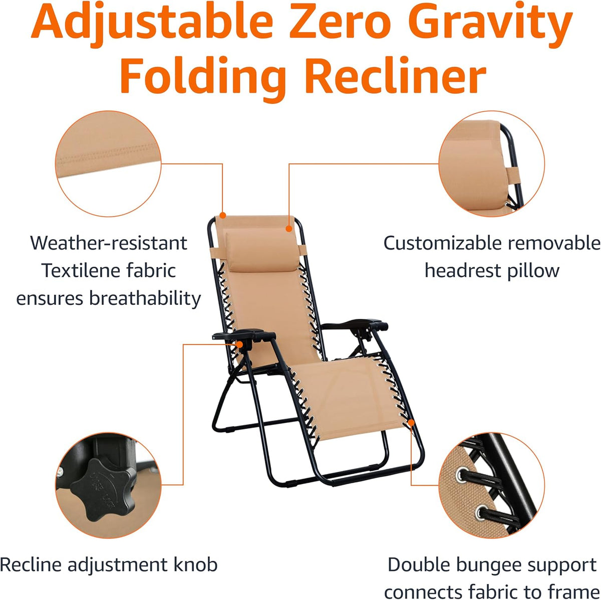 Amazon Basics Zero Gravity Lounge Chair with Pillow, Foldable Outdoor Reclining Chair for Patio and Beach, Weather-Resistant Textilene, 300 lb Capacity, 26", Beige
