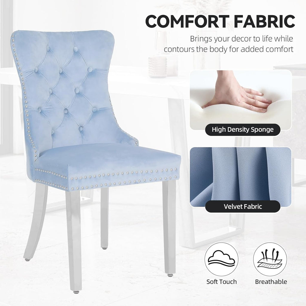 Velvet Dining Chairs Set of 4,Upholstered Dining Room Chairs with Stainless Steel Legs,Modern Luxury Kitchen Accent Chair with Button Tufted High Back,Pull Ring,Nailhead Trim,Light Blue