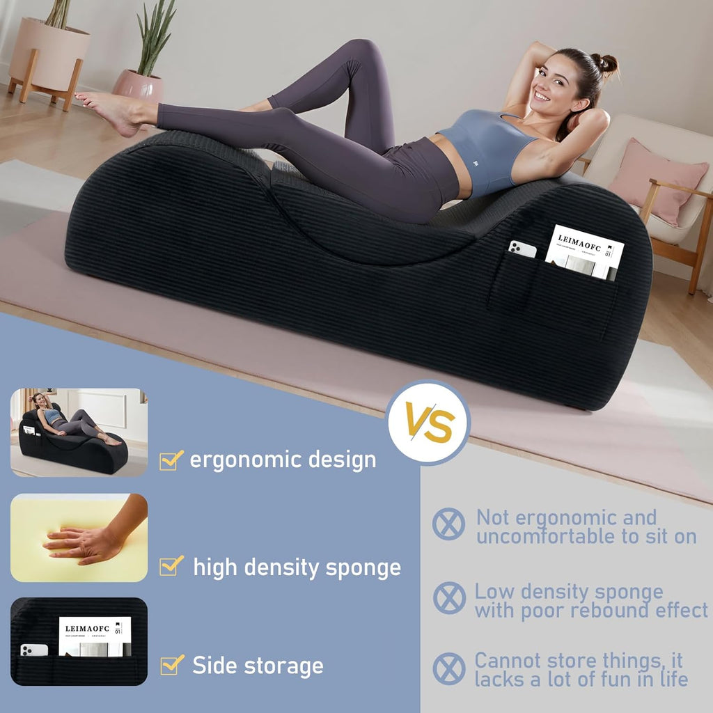 Yoga Chair Lounge for Adult, Ergonomic Chaise Lounge Chair with Side Pocket, Headrest, Waist Pad, Perfect for Stretching, Massage, and Relaxation, Used in Living Room, Bedroom（Black）