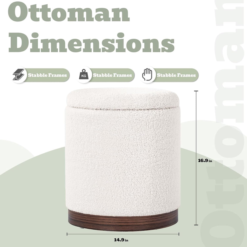 Joveco Round Storage Ottoman with Removable Lid, Boucle Small Upholstered Padded Vanity Foot Rest Stool for Living Room, Bedroom, Dorm, White with Walnut Wood Grain Trim