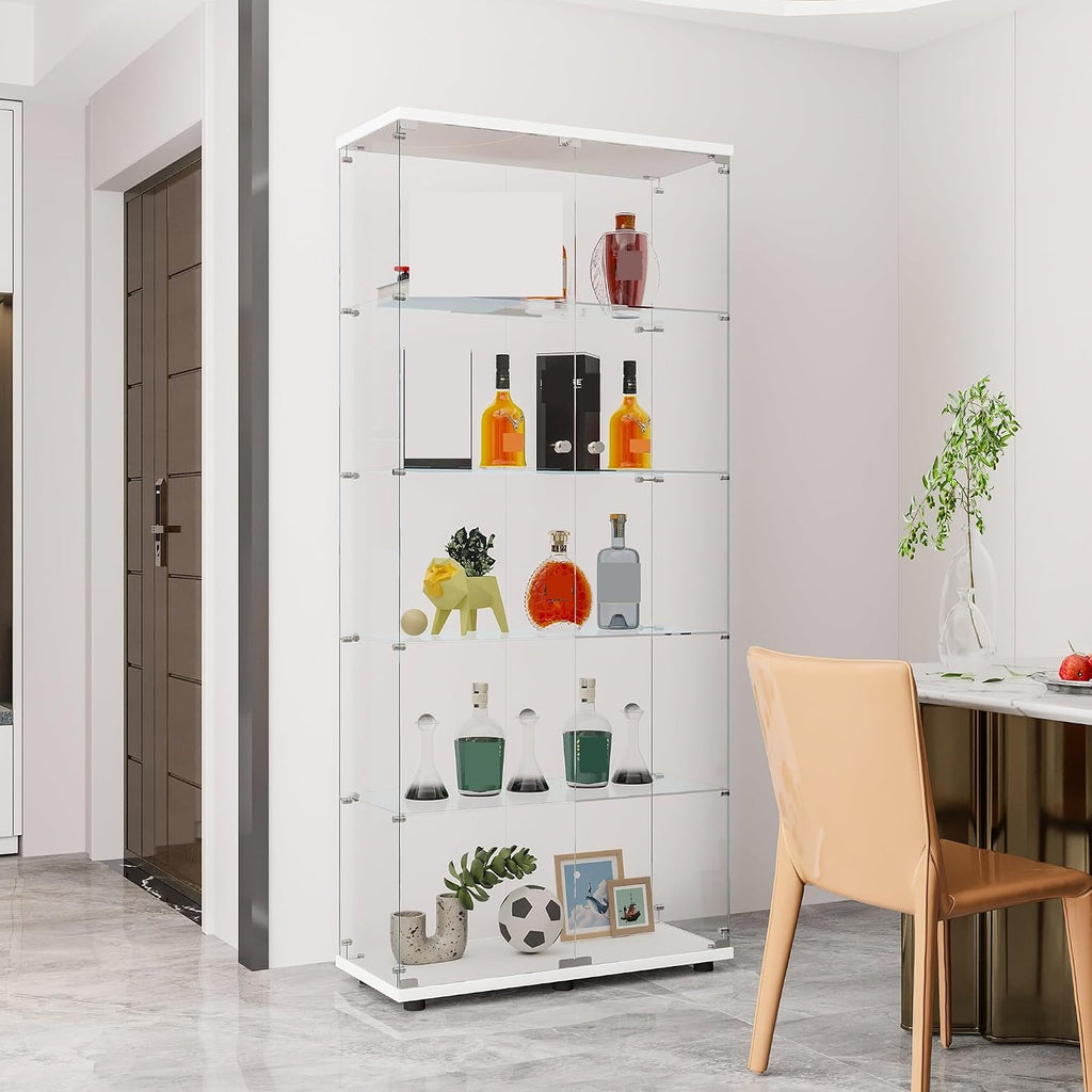 Glass Display Cabinet with 5 Shelves Double Door, Cabinets for Living Room, Bedroom, Office