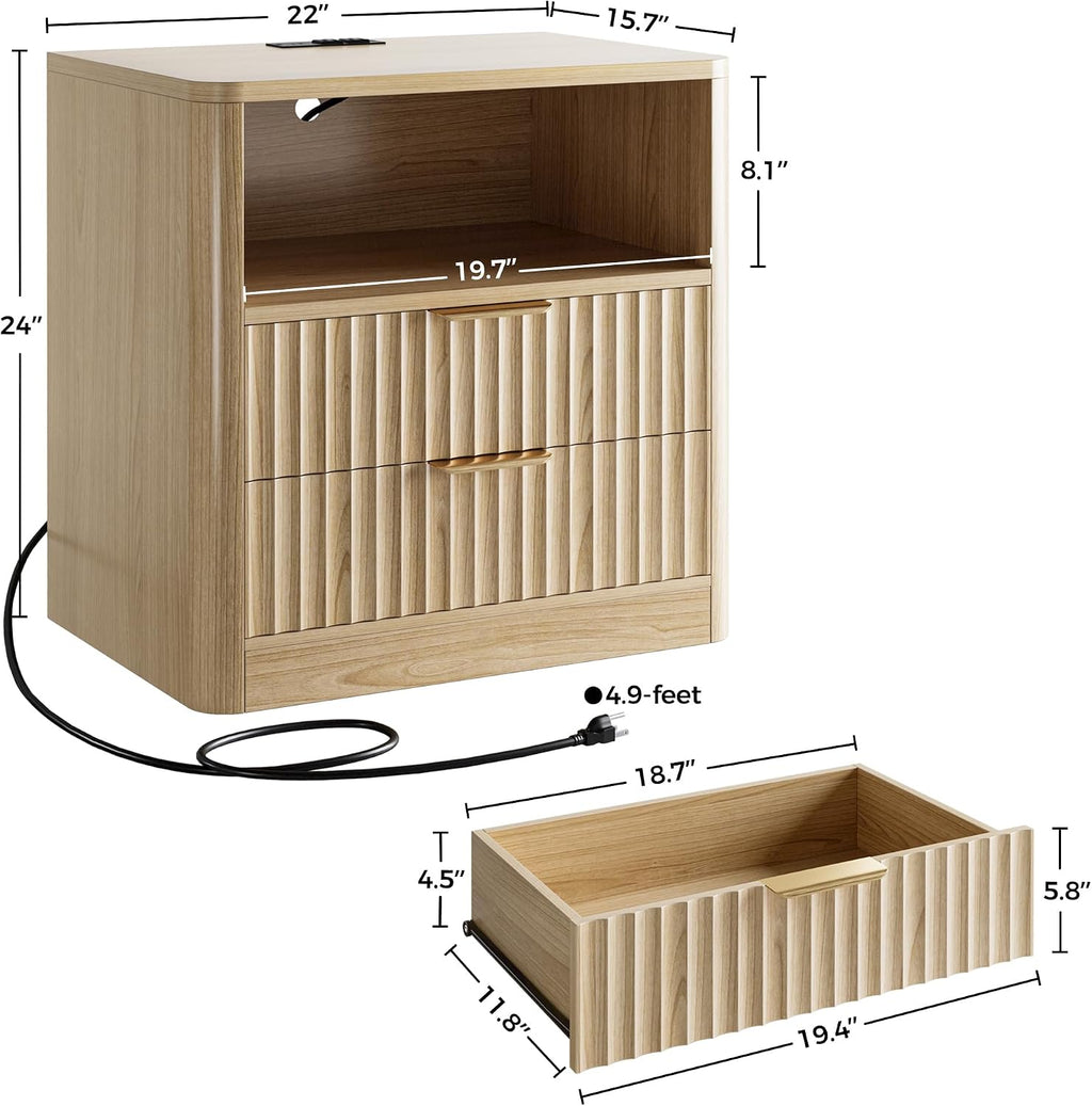 IRONCK Fluted Night Stand Set of 2, Oak