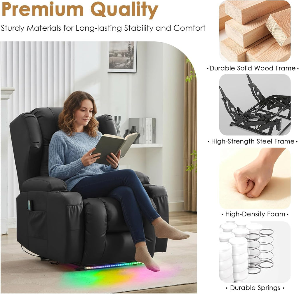 SAMERY Power Recliner Chair, Electric Wall Hugger Recliner Chair Reclining Sofa Home Theater Seating for Living Room with Massage & Heat, USB, LED Lights, Cup Holders, Side Pockets, Lumbar Pillow