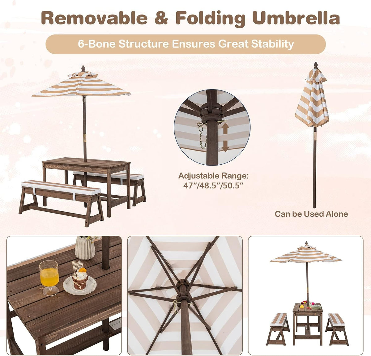 Kids Picnic Table Set with Benches and Umbrella, Foldable Wooden Table and Chair Set for Indoor and Outdoor Use, Playroom Furniture for Toddlers, Children, Baby (Brown)