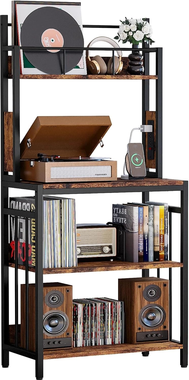 IRONCK Record Player Stand with Storage, Turntable Stand for Living Room | 2-Tier Vinyl Record Shelf with Charge Station, Record Rack Holds Up to 300+ Albums