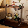Solid Wood Tv Tray Side Tables with Tempered Glass and Metal Frame,Small Snack End Table with 2-Tier Storage,Modern Rolling Trolley Side Table for Couch,Antique