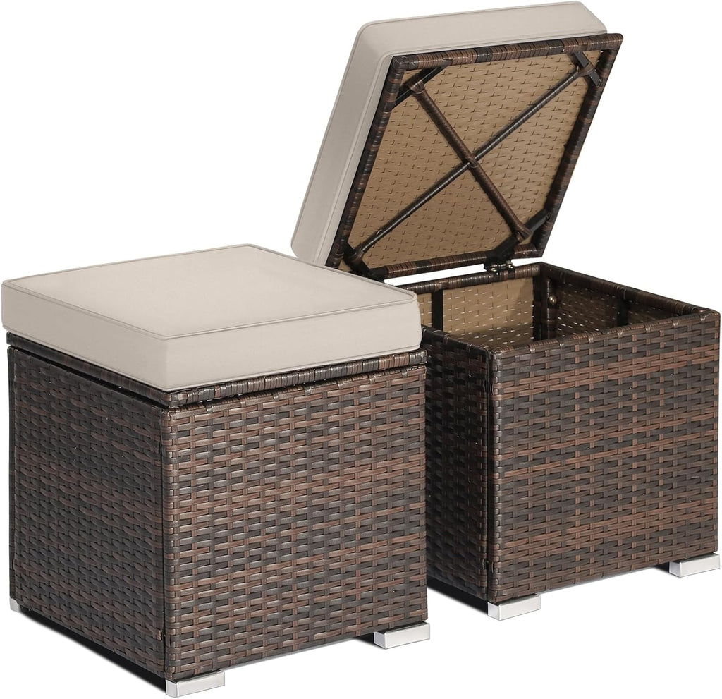 RELAX4LIFE Wicker Outdoor Storage Ottoman, 2-Piece Rattan Footstool w/Removable Cushion, Multipurpose Footrest Stool Side Table Additional Seating, Set of 2 Outdoor Ottomans for Patio Deck (Beige)