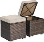 RELAX4LIFE Wicker Outdoor Storage Ottoman, 2-Piece Rattan Footstool w/Removable Cushion, Multipurpose Footrest Stool Side Table Additional Seating, Set of 2 Outdoor Ottomans for Patio Deck (Beige)