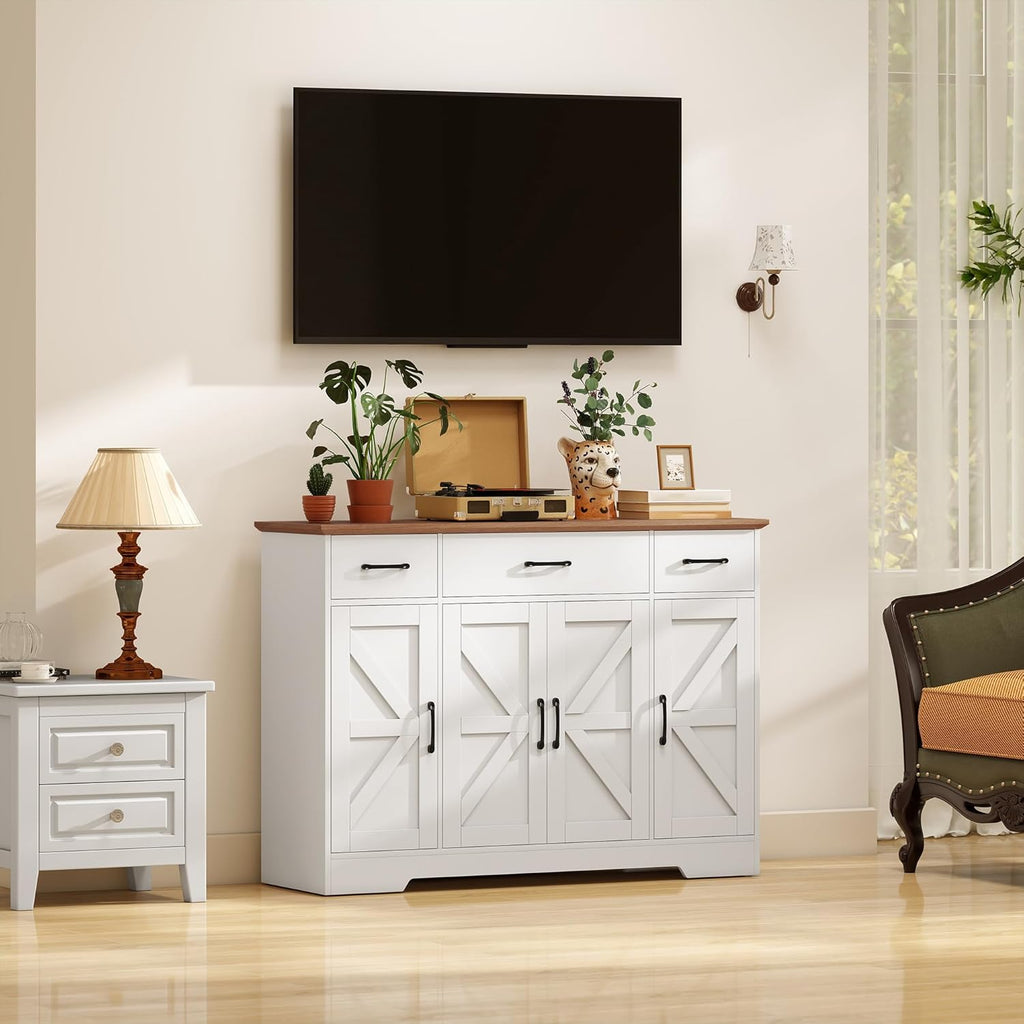 HOMCOM 47" Sideboard Buffet Cabinet, Farmhouse Credenza with Soft-Close Hinges, Coffee Bar Cabinet with Spice Racks, 3 Drawers and 3 Adjustable Shelves, White