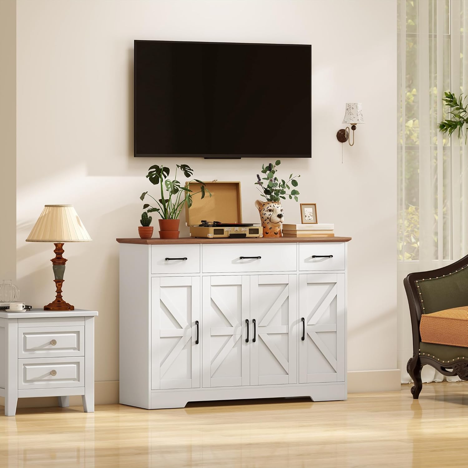 HOMCOM 47" Sideboard Buffet Cabinet, Farmhouse Credenza with Soft-Close Hinges, Coffee Bar Cabinet with Spice Racks, 3 Drawers and 3 Adjustable Shelves, White