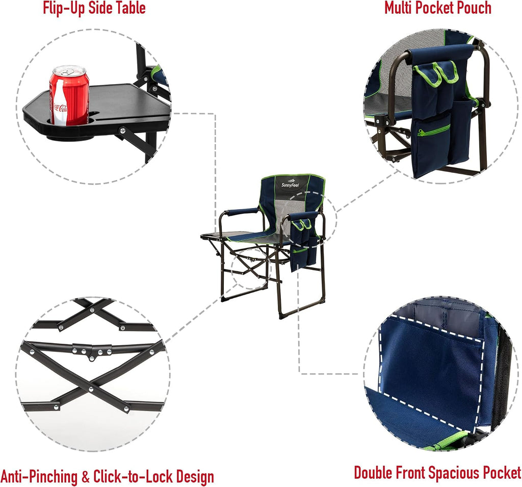 SUNNYFEEL Oversized Camping Chair Portable Directors Chairs with Side Table | Heavy Duty Folding Lawn Chair for Adults 300LBS with Compact Size, Breathable Mesh, Pocket & Carry Bag for Outdoor, Lawn, RV