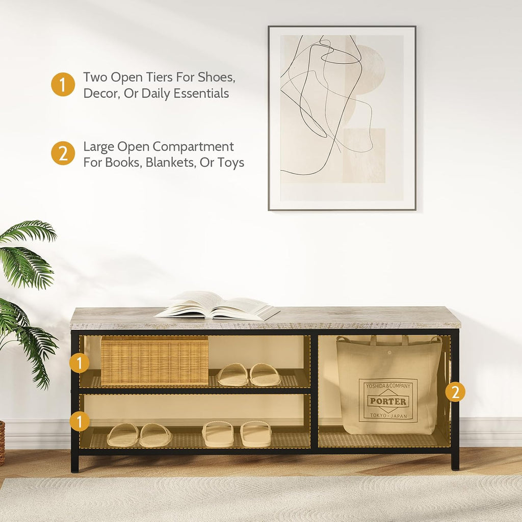 Entryway Storage Bench with Shoe Rack, 47.2" Wide Hallway Bench with Seating, Rustic Wood Top & Metal Frame, 2-Tier Shoe Organizer for Entryway, Bedroom, or Living Room, Weathered Wood
