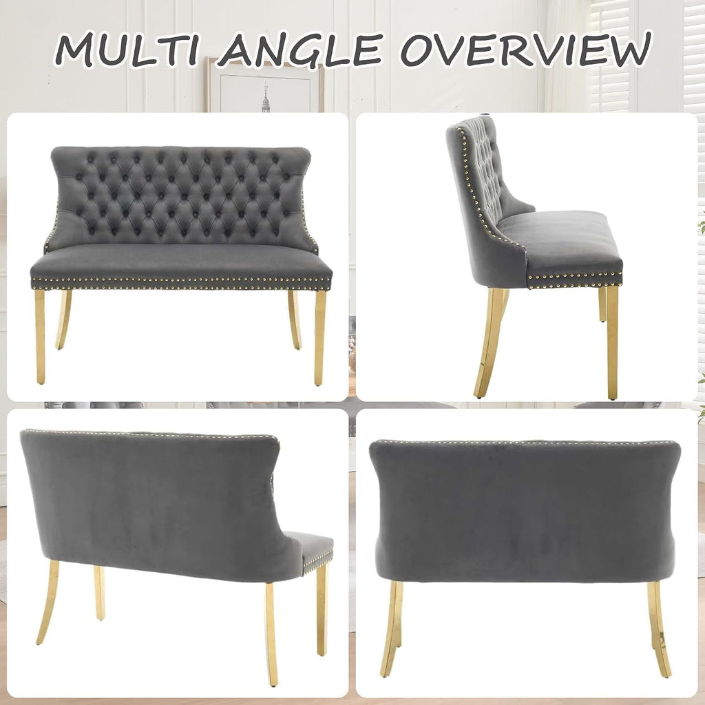 Velvet Upholstered Dining Bench with Back, 45.6'' Tufted Loveseat Bench with Gold Stainless Steel Legs, Mid-Century Modern Banquette Seating for Dining Room, Kitchen, Entryway, Gray