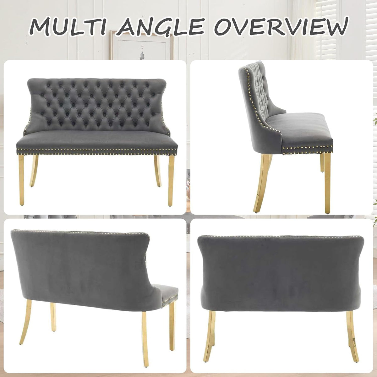 Velvet Upholstered Dining Bench with Back, 45.6'' Tufted Loveseat Bench with Gold Stainless Steel Legs, Mid-Century Modern Banquette Seating for Dining Room, Kitchen, Entryway, Gray