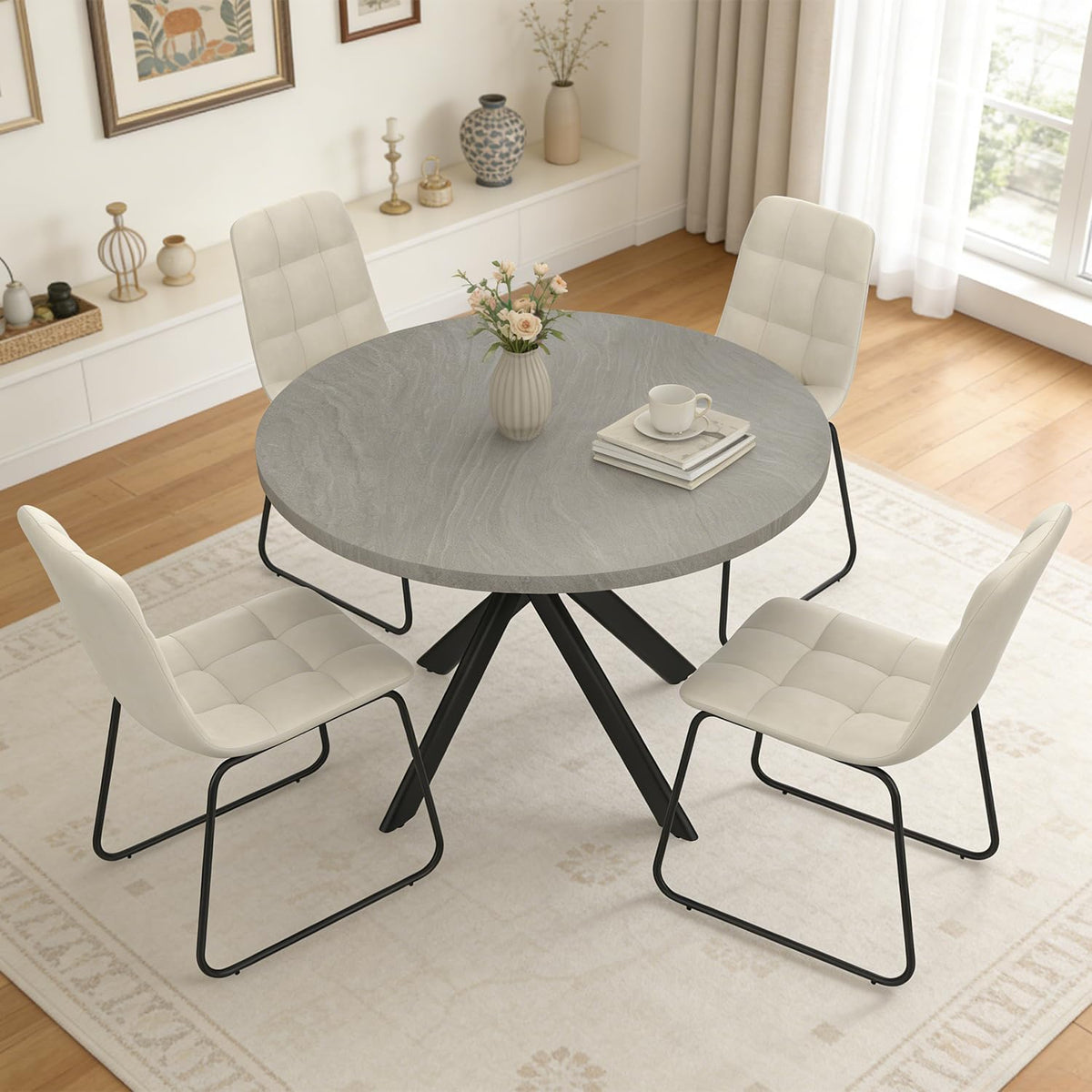 44" Round Dining Table Set for 4, Modern X-Shaped Metal Leg Table | Cushioned Cozy Beige Chairs of 4, Mid-Century Gray Tabletop, Dinette set for Kitchen, Dining Room & Apartments