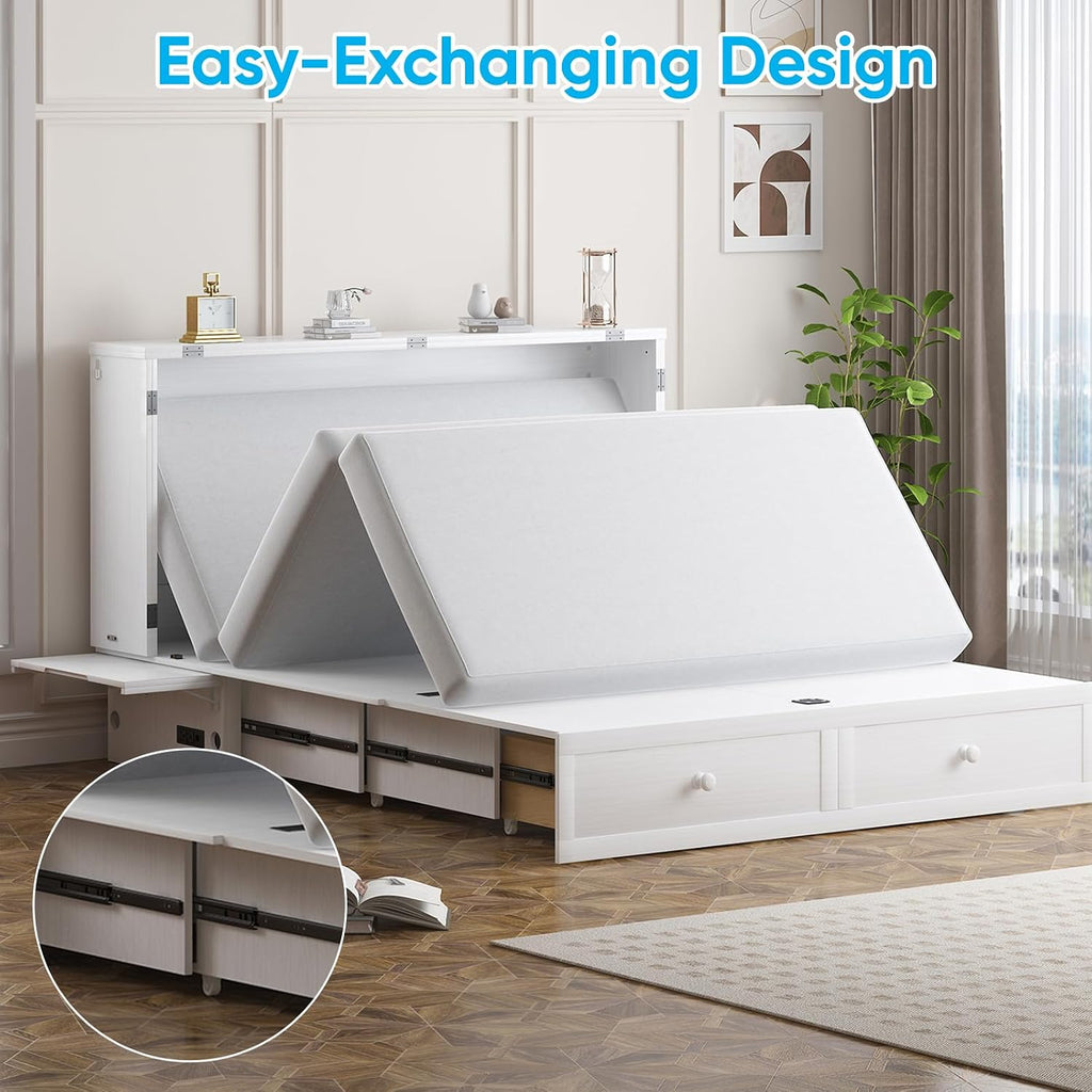 Mjkone Murphy Cabinet Bed Queen Size, White(No Mattress) | Storage Drawers, USB Charging Station,Wall Hideaway Guest Chest Cabinet Bed for Living Room Bedroom Home Office