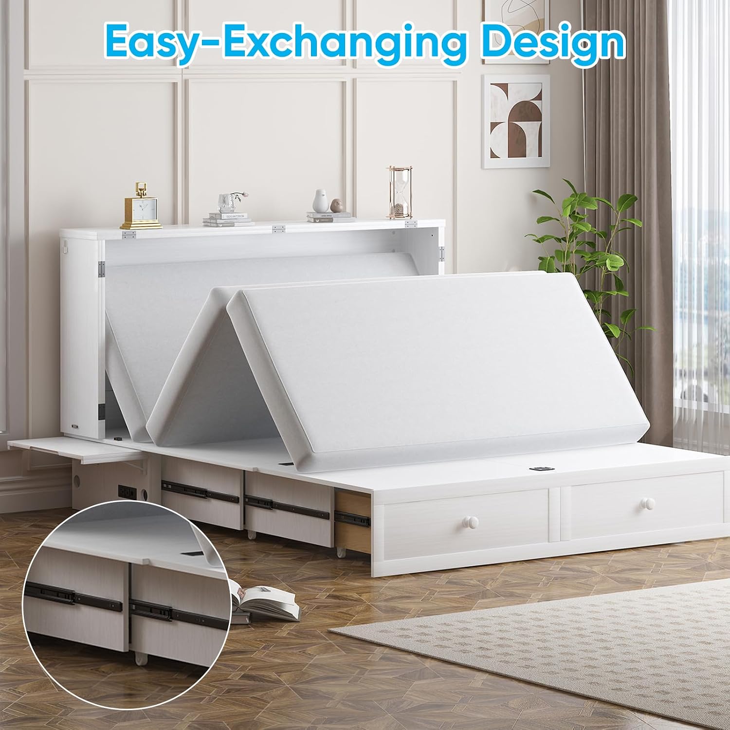 Mjkone Murphy Cabinet Bed Queen Size, White(No Mattress) | Storage Drawers, USB Charging Station,Wall Hideaway Guest Chest Cabinet Bed for Living Room Bedroom Home Office