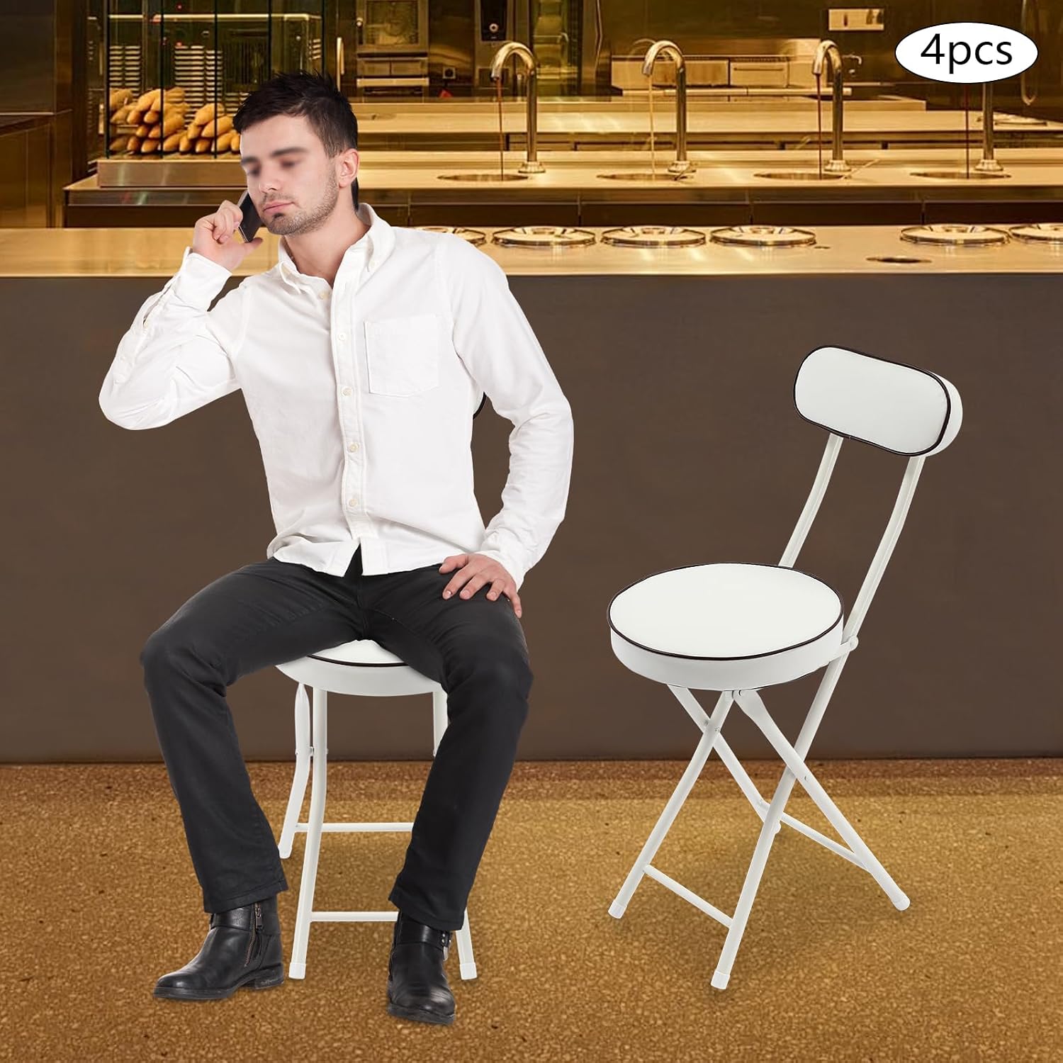 Foldable Chair 4pcs Steel High Portable Folding Indoor Counter Bar Stool Cushioned Padded Stools Seating with Backrest for Kitchen Island Shop Cafe Workshop, Studio- Load 275lbs (White)