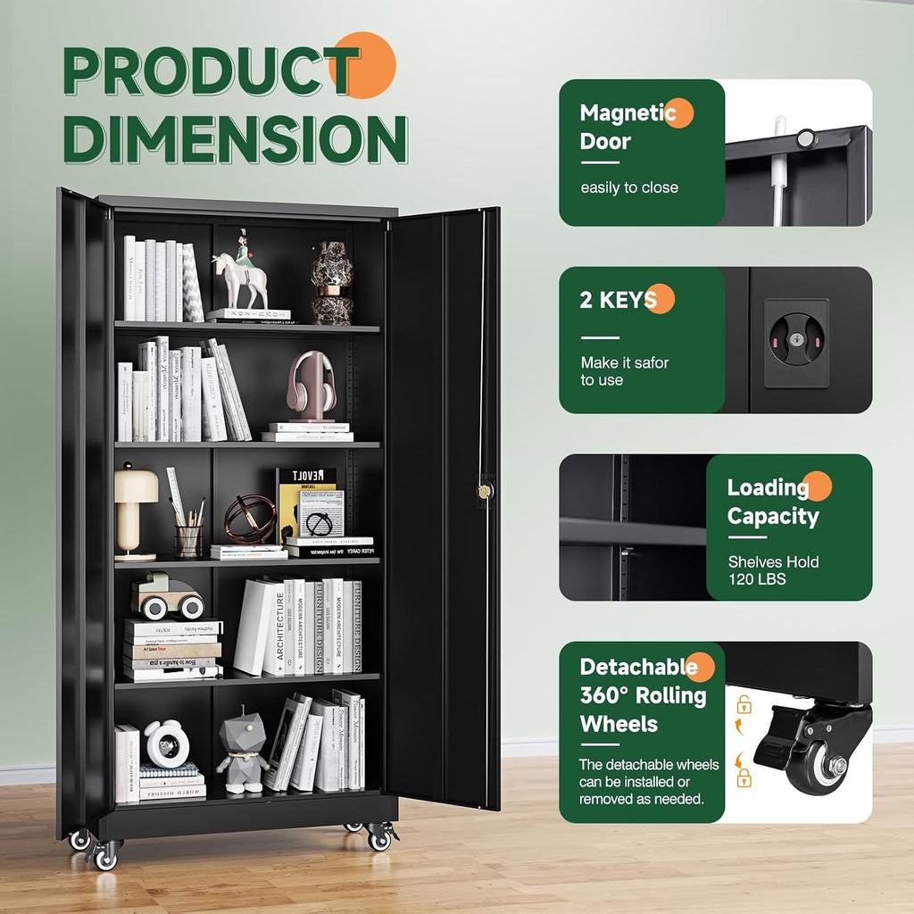 Letaya Metal Garage Storage Cabinets with Wheels,Steel Tool Cabinets Lock Door and Adjustable Shelves for Home,Office,Warehouse Organisieren (Black, 75" H)