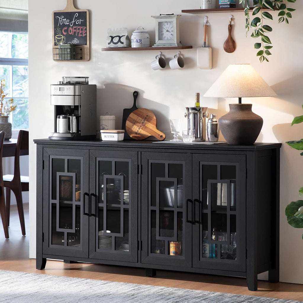Joaxswe Large Sideboard Buffet Cabinet with Storage, 63" Farmhouse Credenza with 4 Glass Doors, Adjustable Shelves Console Table, Wood Kitchen Coffee Bar for Dining Room, Living Room, Black