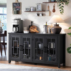 Joaxswe Large Sideboard Buffet Cabinet with Storage, 63" Farmhouse Credenza with 4 Glass Doors, Adjustable Shelves Console Table, Wood Kitchen Coffee Bar for Dining Room, Living Room, Black