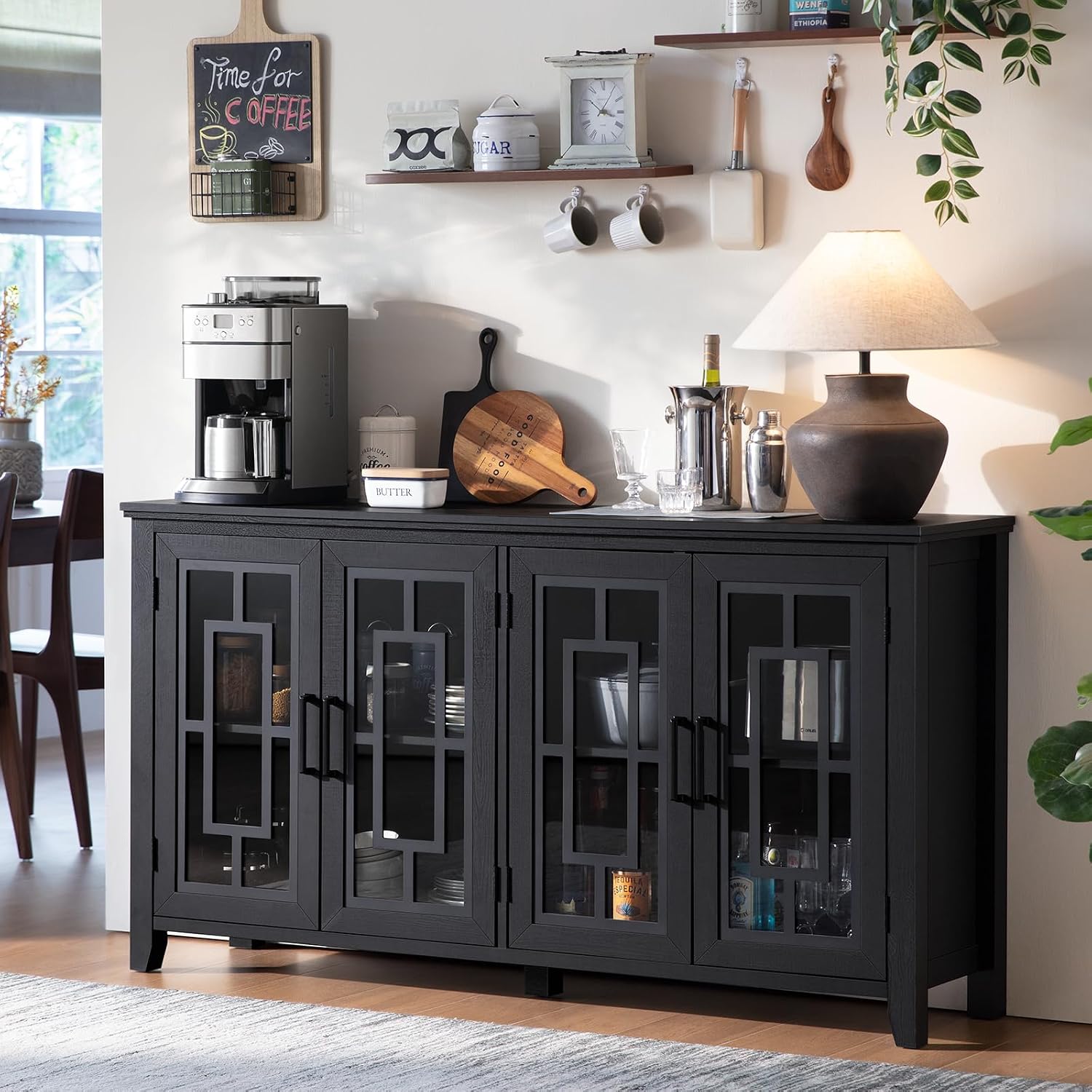 Joaxswe Large Sideboard Buffet Cabinet with Storage, 63" Farmhouse Credenza with 4 Glass Doors, Adjustable Shelves Console Table, Wood Kitchen Coffee Bar for Dining Room, Living Room, Black
