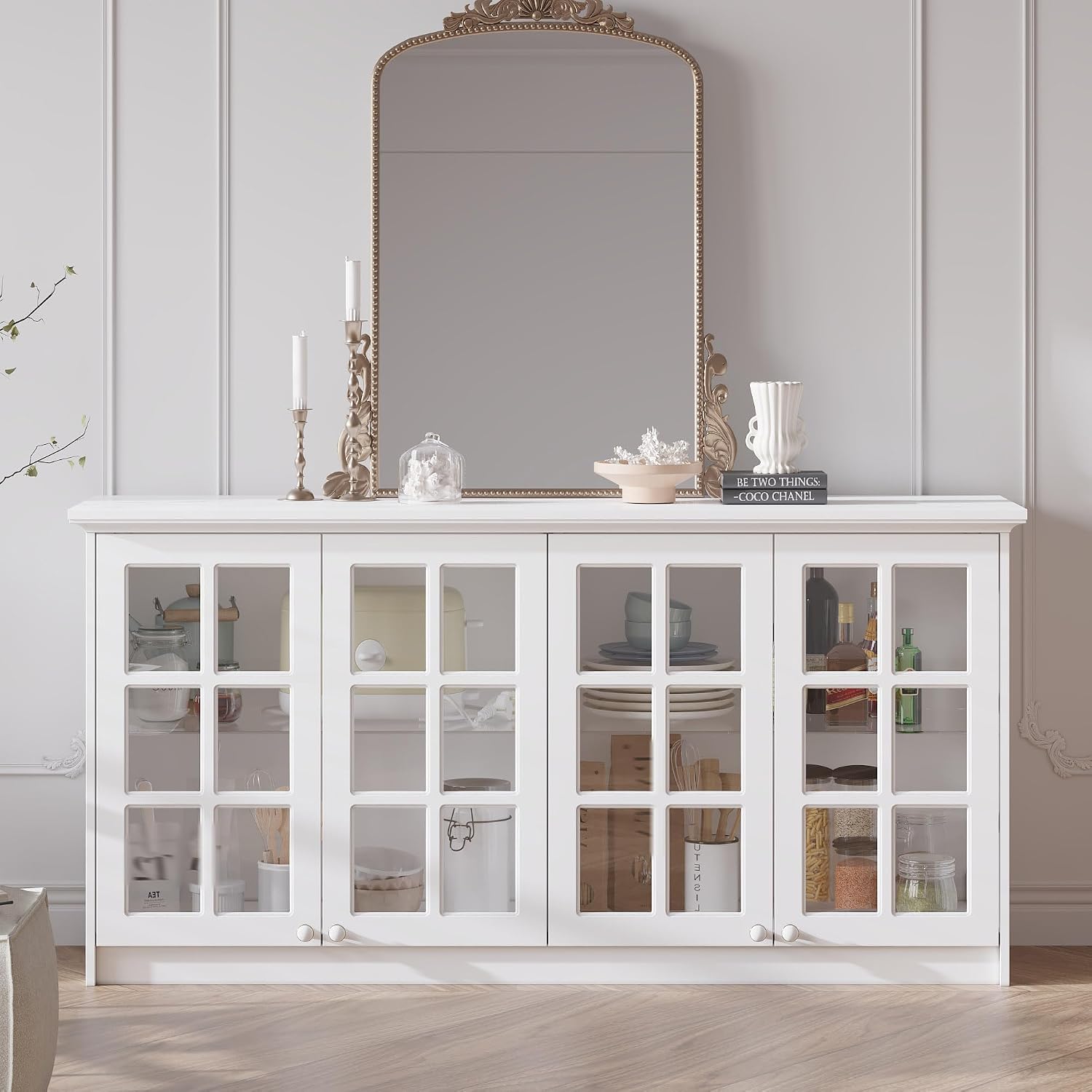 Timechee Large Cupboard, Modern Kitchen Food Pantry Storage Cabinet, White Hanging Bathroom Wall Mounted Cabinet Storage with Glass Shelf and Doors for Laundry Room(63.4"x 16.5"x 31.5")