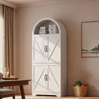 70" Tall Arched Pantry Cabinet, Kitchen Cupboard with Barn Doors, Adjustable Shelves & 3-Color Human Sensor LED Lights for Kitchen/Living Room, White